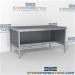 Mail room desk sorting with half shelf is a perfect solution for literature fulfillment center durable work surface with an innovative clean design skirts on 3 sides Extremely large number of configurations Perfect for storing mail scales and supplies