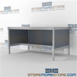 Mail services desk with half storage shelf is a perfect solution for mail & copy center durable work surface and lots of accessories ergonomic design for comfort and efficiency Back to back mail sorting station Specialty tables for your specialty needs