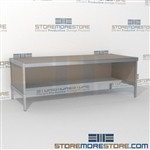 Mail room adjustable consoles with lower half storage shelf are a perfect solution for mail processing center all aluminum structural framework with an innovative clean design built using sustainable materials Back to back mail sorting station Hamilton