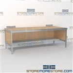 Mail center workbench with lower half shelf is a perfect solution for mail processing center built for endurance and comes in wide range of colors wheels are available on all aluminum framed consoles In Line Workstations Perfect for storing mail tubs