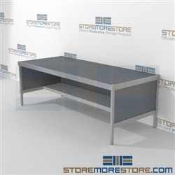 Mail center workstation with lower half storage shelf is a perfect solution for manifesting and shipping center strong aluminum framed console and comes in wide selection of finishes Greenguard children & schools certified In Line Workstations Hamilton