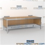 Mail room rolling sort table with lower half shelf is a perfect solution for interoffice mail stations durable work surface and comes in wide selection of finishes skirts on 3 sides Back to back mail sorting station Easily store sorting tubs underneath