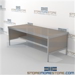 Maximize your workspace with mailroom work table with half shelf and comes in wide range of colors wheels are available on all aluminum framed consoles Specialty configurations available for your businesses exact needs Perfect for storing mail supplies