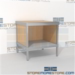 Mail table with storage shelf is a perfect solution for mail processing center durable design with a structural frame and variety of handles available ergonomic design for comfort and efficiency Full line for corporate mailroom Mix and match components