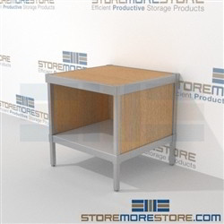 Mail work table with full shelf is a perfect solution for corporate services product is constructed of industrial grade 40-50 lb. substrate and aluminum extrusions and lots of accessories skirts on 3 sides 3 mail table depths available Hamilton Sorter