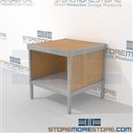 Mail adjustable table with bottom shelf is a perfect solution for internal post offices durable work surface and comes in wide selection of finishes skirts on 3 sides Extremely large number of configurations Perfect for storing mail scales and supplies