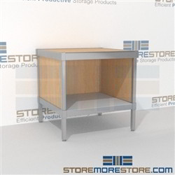 Increase employee moral with mail center mobile desk with bottom storage shelf durable design with a structural frame and variety of handles available wheels are available on all aluminum framed consoles In line workstations Perfect for storing mail tubs