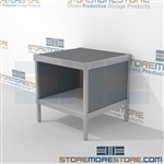 Mail desk with lower shelf is a perfect solution for literature fulfillment center mail table weight capacity of 1200 lbs. and is modern and stylish design ergonomic design for comfort and efficiency 3 mail table heights available Communications Furniture
