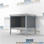 Organize your mailroom with mail room bench with full shelf durable work surface and comes in wide selection of finishes wheels are available on all aluminum framed consoles Full line for corporate mailroom Perfect for storing mail machines and scales