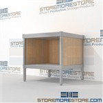 Mail room bench with storage shelf is a perfect solution for interoffice mail stations built strong for a long durable work life with an innovative clean design skirts on 3 sides Full line of sorter accessories Perfect for storing mail scales and supplies