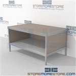 Mail center table with bottom shelf is a perfect solution for interoffice mail stations all aluminum structural framework with an innovative clean design skirts on 3 sides 3 mail table heights available For the Distribution of mail and office supplies