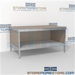 Mail room adjustable bench with bottom storage shelf is a perfect solution for literature processing center durable design with a structural frame with an innovative clean design skirts on 3 sides In Line Workstations Perfect for storing mail supplies