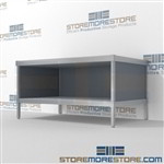 Mail center sort table with full shelf is a perfect solution for literature fulfillment center with an innovative clean design wheels are available on all aluminum framed consoles Extremely large number of configurations Perfect for storing mail tubs