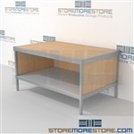 Mail center bench with bottom shelf is a perfect solution for literature processing center and variety of handles available aluminum frames eliminate exposed edges and protect laminate work surfaces 3 mail table depths available Mix and match components
