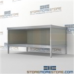 Increase employee efficiency with mail center workstation with bottom storage shelf durable design with a strong frame and variety of handles available wheels are available on all aluminum framed consoles 3 mail table depths available Hamilton Sorter