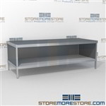 Mail services workbench with lower shelf is a perfect solution for mail processing center and comes in wide selection of finishes includes a 3 sided skirt Specialty configurations available for your businesses exact needs Perfect for storing mail tubs