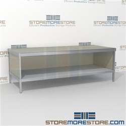 Increase employee accuracy with mailroom adjustable bench with bottom storage shelf and comes in wide selection of finishes wheels are available on all aluminum framed consoles Over 1200 Mail tables available Perfect for storing mail machines and scales