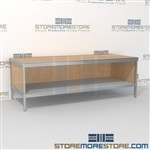 Mailroom adjustable sort table with lower shelf is a perfect solution for interoffice mail stations mail table weight capacity of 1200 lbs. and comes in wide range of colors skirts on 3 sides Over 1200 Mail tables available Perfect for storing mail tubs