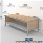 Mailroom adjustable workbench with bottom storage shelf is a perfect solution for interoffice mail stations strong aluminum framed console and comes in wide range of colors includes a 3 sided skirt Over 1200 Mail tables available Communications Furniture