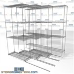 Quad Deep Lateral Wire Racks four deep shelving units on rails SMS-94-LAT-1436-21-Q overall size is 4772.6 inches wide x 6' 6" deep x 78 inches high