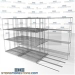 4 Deep High Density Wire Shelves chrome wire quad-store manufacturing racks SMS-94-LAT-1442-32-Q overall size is 8274.2 inches wide x 11' 2" deep x 134 inches high