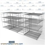 Four Deep Moving Wire Shelving moving on rails 4 deep zinc restaurant shelves SMS-94-LAT-1448-43-Q overall size is 12065.3 inches wide x 16' 11" deep x 203 inches high