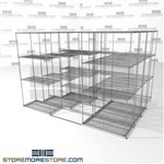 Four Deep Space Saving Wire Shelves canned good shelving racks on rolling wheels SMS-94-LAT-1836-32-Q overall size is 8158.5 inches wide x 9' 8" deep x 116 inches high