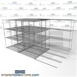 Quad Deep Moving Wire Shelves Studio film shelves rolling carriage on wheels SMS-94-LAT-1848-32-Q overall size is 11142.2 inches wide x 12' 8" deep x 152 inches high
