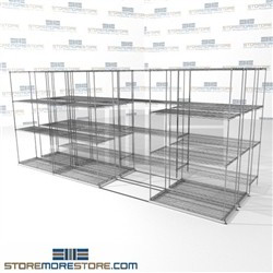 Three Deep Mobile Wire Racking 4 shelf unit moving side to side on tracks SMS-94-LAT-1848-43-T overall size is 8529 inches wide x 16' 11" deep x 203 inches high