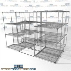 Three Deep Moving Wire Shelving Stuff storage 4 wire shelving racks SMS-94-LAT-2136-32-T overall size is 5780.6 inches wide x 9' 8" deep x 116 inches high