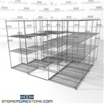 Four Deep Rolling Wire Shelves automotive stuff storage for tools on rails SMS-94-LAT-2436-32-Q overall size is 8601.9 inches wide x 9' 8" deep x 116 inches high