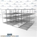4 Deep High Density Wire Shelving quad deep chrome wire shelving on wheels SMS-94-LAT-2436-43-Q overall size is 12111.5 inches wide x 12' 11" deep x 155 inches high