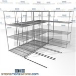 Four Deep Mobile Wire Racks Bulk item shelves moving carriage on wheels SMS-94-LAT-2442-21-Q overall size is 5330.1 inches wide x 7' 6" deep x 90 inches high