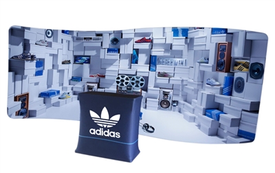 20ft Serpentine tube display single side full color graphic package.  Easy-to-transport and totally tool-less. Fast turn around time, quick and FREE shipping, great price.