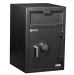 a large black front loading depository safe with 2 digital key pads made by protex safe