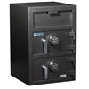 a large black front loading depository safe with 2 digital key pads made by protex safe