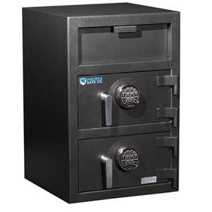 a large black front loading depository safe with 2 digital key pads made by protex safe