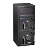 a large black front loading depository safe with 2 digital key pads made by protex safe