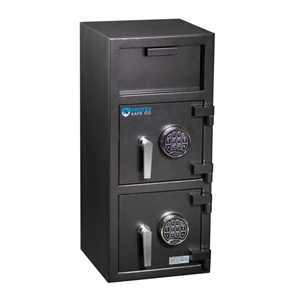 a large black front loading depository safe with 2 digital key pads made by protex safe