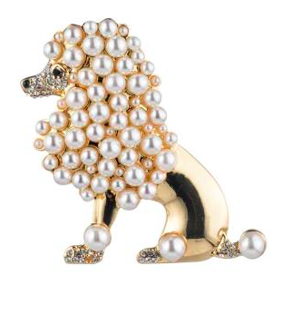 Gold tone poodle pin with different size pearls throughout.
