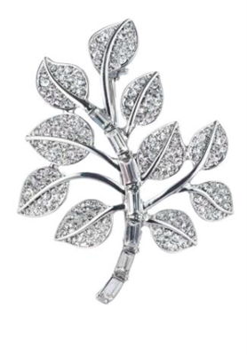 Silver tone Sprayed Leaf Pin with crystals throughout
