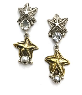 Dangle pierced earrings with both bronze and silver starfish with white topaz and pearl details