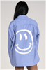 Women's blue and white stripe button front shirt with white smiley face back.