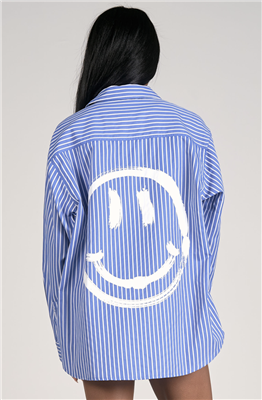 Women's blue and white stripe button front shirt with white smiley face back.