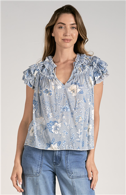 Elan Blue Leaf Print Short Sleeve Ruffle Top