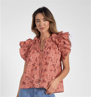 Women'e short ruffle sleeve rose floral print cotton top with tie front .