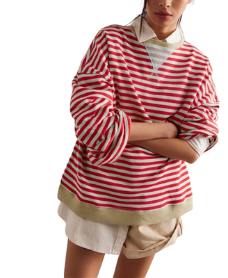 Free People Classic Striped Oversized Crewneck Sweatshirt Cherry Combo