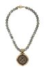 women's French Kande necklace is 17 inch strand of gray labradorite with a Centennial X Stack Medallion