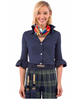 Women's navy blue chiffon button front blouse with a 3/4 sleeve.
