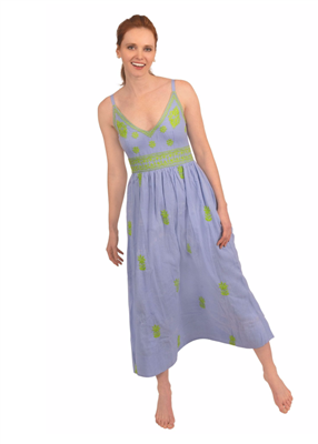 Women's periwinkle blue strappy cotton maxi dress with lime green embroidery